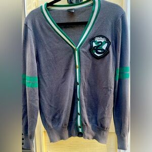 Harry Potter Wool "Slytherin" Sweater Size M 100% Acrylic Gray Green Cardigan